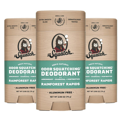 Dr. Squatch Natural Deodorant for Men - Odor-Squatching Aluminum Free - Rainforest Rapids (2.65 oz, 3-Pack)