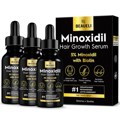 5% Minoxidil for Men and Women, Hair Growth, Beard Growth, Hair Regrowth, Unscented Drop, 3 Fl Oz, 3 Bottles