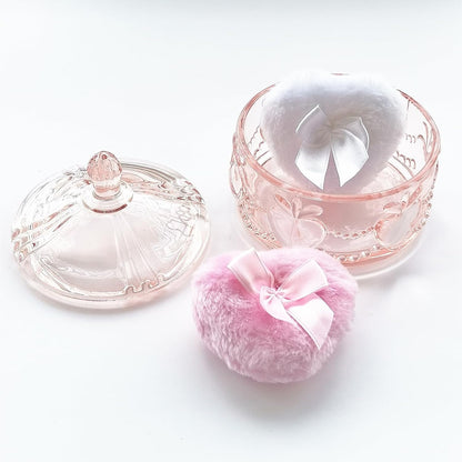 Body Powder Puff and Container - Glass Dusting Powder Container with 2 Soft Puffs Vintage Powder Puff Case for Women & Girls (3.93x3.93x4.13 H in) - GRB017-Pink