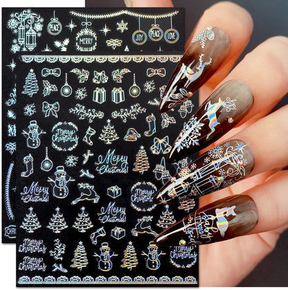 9 Sheets Aurora Christmas Nail Art Stickers Decals Self-Adhesive Pegatinas Uñas Glitter Rose Gold Snowflakes Winter Nail Supplies Nail Art Design Decoration Accessories