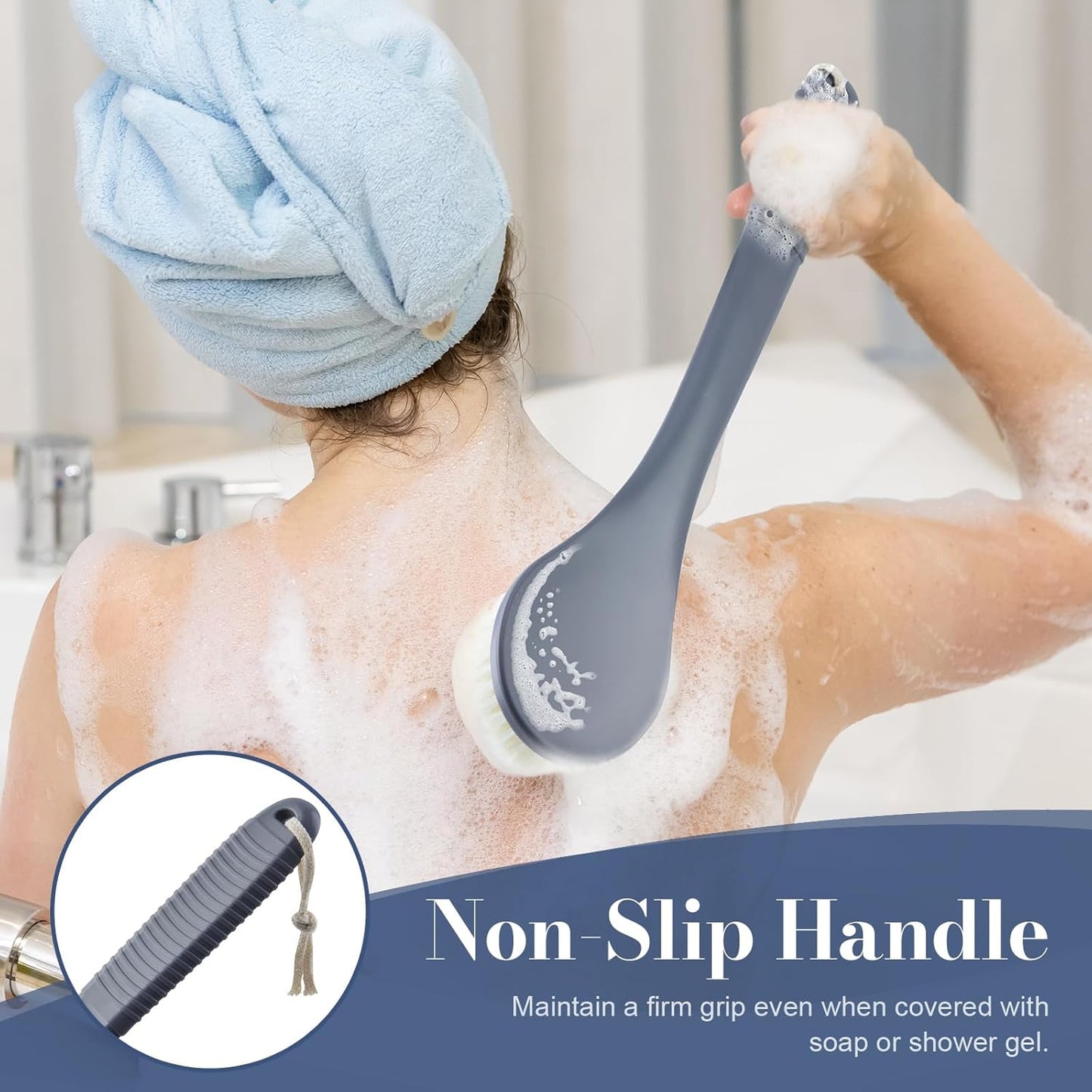 Back Scrubber for Shower, Shower Body Brush for Cleaning with Long Handle for Showering, 17 Inch Back Washer Exfoliator for Shower Men Women with Non-Slip Handle, Adhesive Hook (Gray)