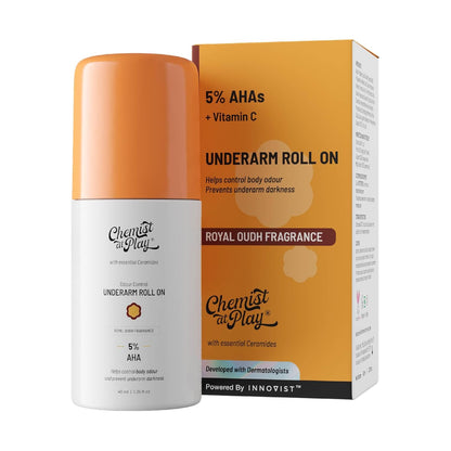 UnderArm Roll-On with 5% AHA| Lactic & Mandelic Acid|Prevents Odour, Brightens Skin & Exfoliates Underarm| For Sensitive Skin|Royal Oudh Fragrance | Alcohol & Aluminium Free|1.35 fl oz
