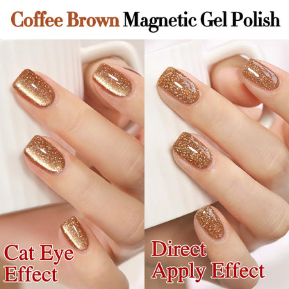 Double Rhythm 15ML Glitter Glass Cat Eye Gel Polish with Magnet Holographic Glitter Shimmer Translucent Sheer Color Salon Soak Off Magnetic Gel Polish at Home (Coffee Brown-MC1063)