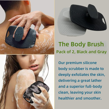 2 Pack Food-Grade Silicone Body Scrubber, Highly Elastic Bristles Handheld Brush for Shower, Lather Well and Gentle Exfoliating, Makes Skin Smooth, for Women and Men, Black and Gray