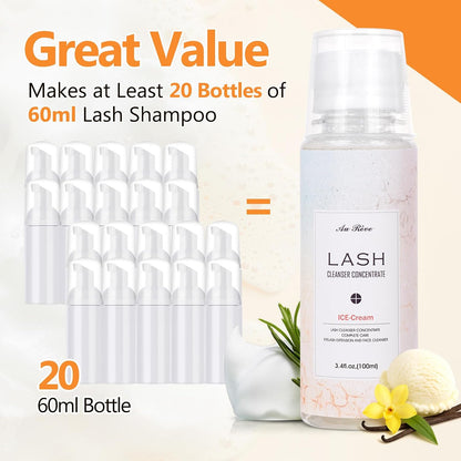 Lash Shampoo Concentrate 100ml Lash Extension Cleanser Oil-Free Eyelash Extension Shampoo with Salon Home Care -Makes 20 Bottles 60ml Eyelash Cleaner,Ice Cream