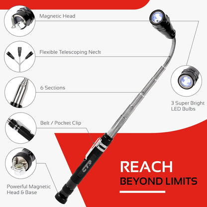 CTR 5PCS Telescoping Magnetic Pickup Tool Kit with Super Bright COB LED Square Inspection Mirror, Flexible Magnet Flashlight, Adjustable Inspection Tool with Long Handle - Best Gadgets Gifts for Men