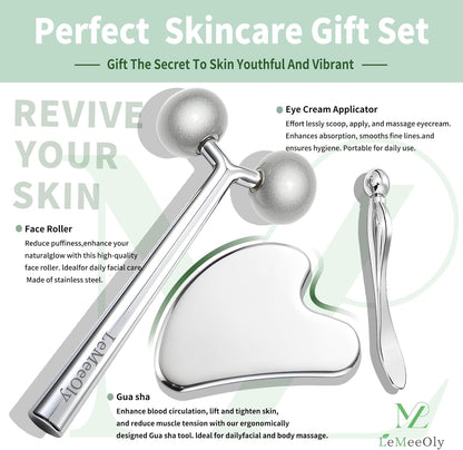 Gua Sha Facial Tools Stainless Steel & Face Roller Massager Skin, Facial Massage Skin Care for Face Neck Body, Reduce Puffiness Remove Wrinkles, Valentines Gift for Women