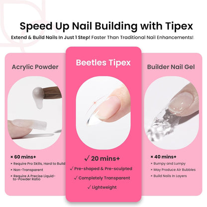 Beetles Tipex Instant Apex Nail Tips Kit, Medium Oval Almond 224Pcs 16 Sizes Pre-Building & Pre-Etched Thicker Acrylic Nails False Nail Extension with Tipex Nail Glue Mini Nail Lamp