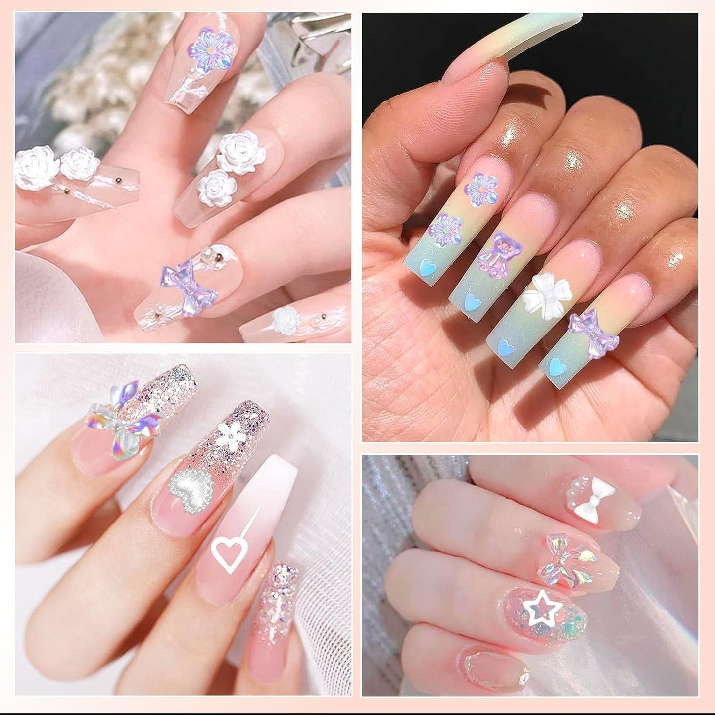 3D Nail Charms and Gems, Mix Flower Bow Heart Colorful Acrylic Nail Art Charms, Mix Nail Pearl Rhinestones and Caviar Beads for Nails, Cute Hollow Pearls Jewelry for Art Design DIY Crafts