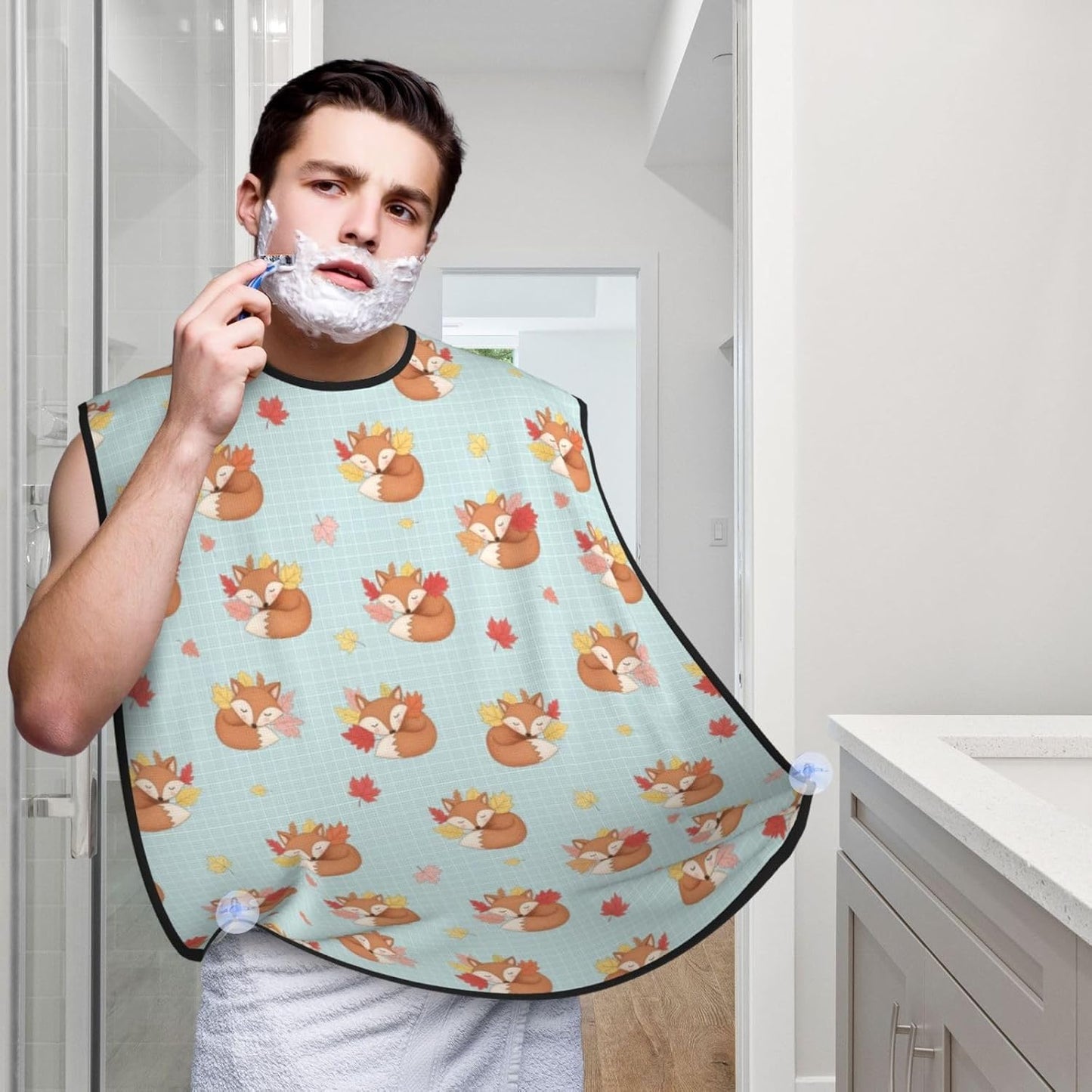 Waterproof Beard Trimming Bib, Non-Stick Hair Catcher for Men Shaving, Grooming Apron for Husband Dad, Fall Maple Leaves Autumn Foxes Shave Bib