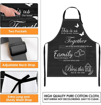 2 Pack Aprons, Sunflower Butterfly Adjustable Bib Aprons with 2 Pockets for Women Men Couple Lovers Chef Home Kitchen Cooking Baking Gardening Black Yellow Apron 32x28 Inches