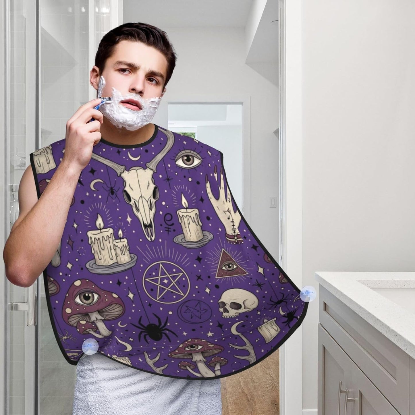 Men's Shaving Accessory Witch Witchcraft Goth Skull Mushroom, Waterproof Beard Apron with Hair Catcher & Suction Cups