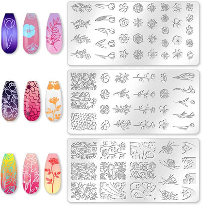 3Pcs Flower Nail Stamping Plate Set Tulips Roses Stainless Floral Steel Nail Stamp Templates Clear Silicone Nails Stamping with Stamper Scraper for Manicure Printing