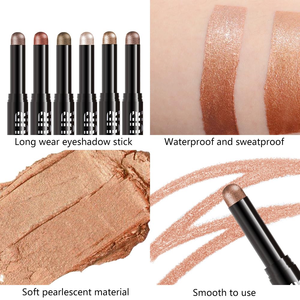 Rosy Brown Shimmer Cream Eye Shadow Stick Makeup for Women, Rosy Brown Shimmer Matte Eye Shadow Brightener Stick for Eyes, Waterproof Eyeshadow Pencil Applicator Blendable for Eye Highlight 12