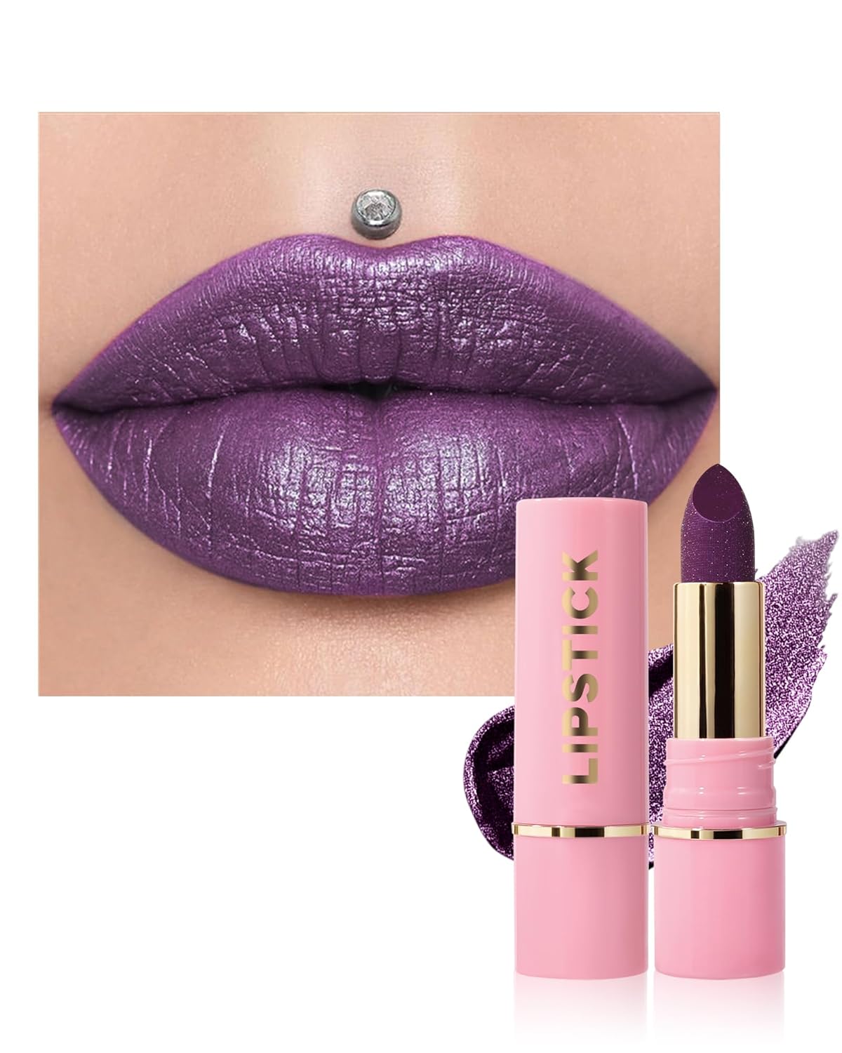 Glitter Metallic Purple Nude Shimmer Lipstick Long Lasting, Glitter Diamond Shine Red Lipstick Transfer Proof Non-Stick Lip Gloss Shimmer Highly Pigmented Full Coverage Lip Makeup for Women-07