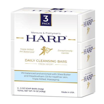 HARP pH-Balanced (5.0-6.0) Body Wash Bar. ZERO saponified oils. Protects Moisture Barrier. Gentle for Sensitive/Dry skin. + Shea Butter/Borage Oil. Non-Comedogenic. FRESH SPORT Fragrance.