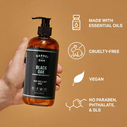 Barrel & Oak All-in-One Wash for Face, Hair, & Body, Vegan & Hydrating Face, Shampoo and Body Wash for Men, Grooming Kit Gifts for Men, Black Oak, 16 oz