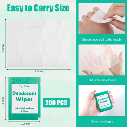 200 Pcs Underarm Deodorant Wipes,Travel Deodorant Wipes,Individually Wrapped Antiperspirant Wipe,Sweat Body Wipe for Women Men Adults Sports Travel Essentials (Green)