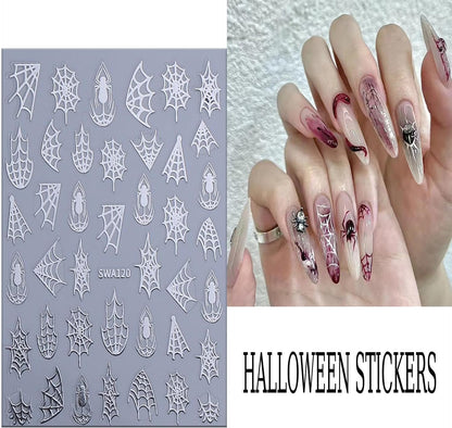 6 Sheets Halloween Spider Web Nail Art Stickers 3D Self -Adhesive Spider Web and Spider Nail Decals Holographic Black Gold Silver Nail Stickers Halloween Nail Decoration for Women Manicure Supplies