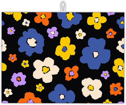 Retro Groovy Hippie Boho Dish Drying Rack Mat for Kitchen Counter,Daisy Flower Dish Drying Pad Absorbent Reversible Microfiber Protector for Coffee Bar Sink Countertops 18x24 Inch