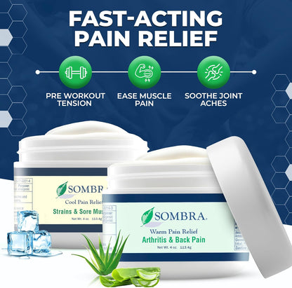 Sombra Warm & Cool Pain Relief Gel, Warm Relief for Arthritis and Chronic Pain Pre-Workout Muscle Rub, Cold for Swelling, Soreness, Post-Workout, Free of Artificial Fragrances, 4oz Per Jar