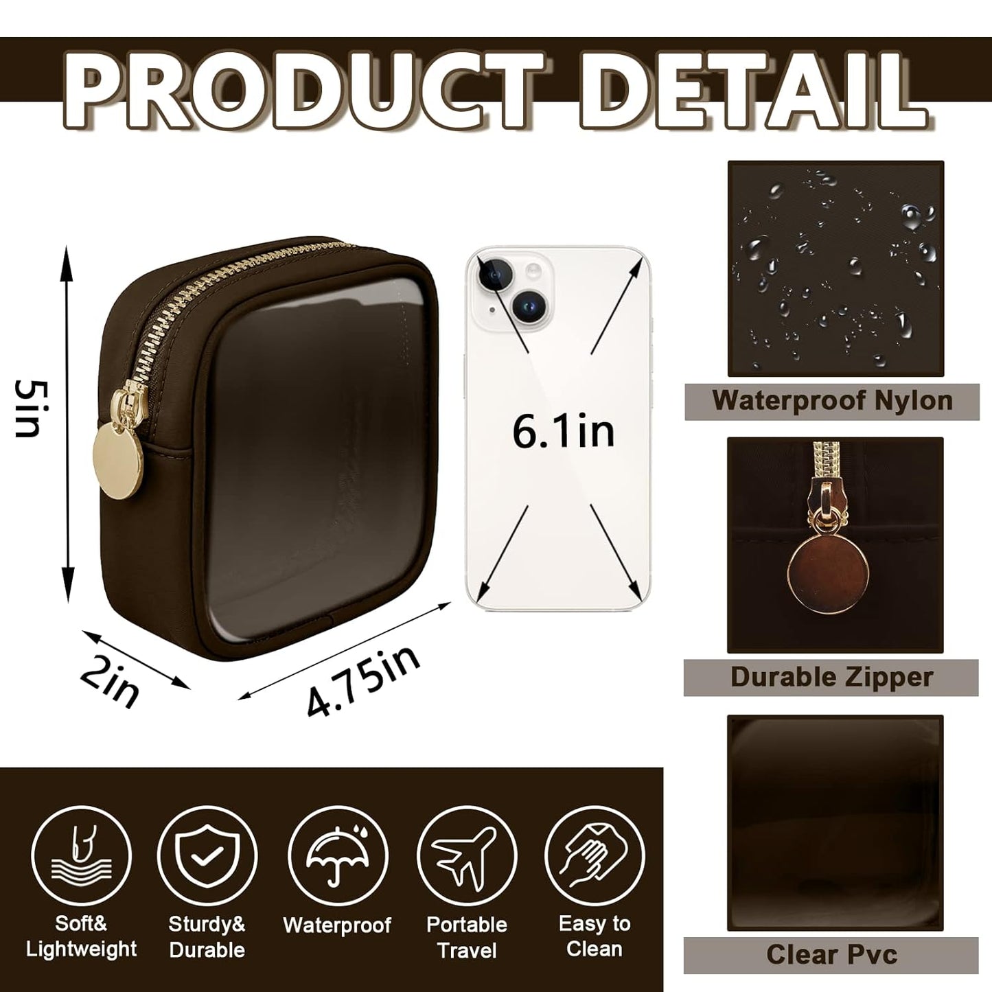 Clear Mini Makeup Bag for Purse, Small Nylon&PVC Cosmetic Travel Bag TSA Approved Toiletry Bag with Zipper, Preppy Transparent Makeup Travel Bag Coin Purse for Women Men Girls(Mini-Chocolate)