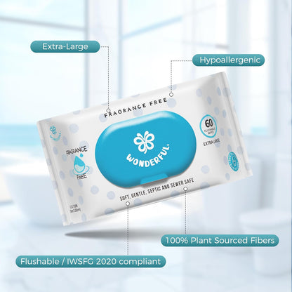 WONDERFUL Flushable Wipes, Unscented 100% Plant-Based Wet Butt Wipe for Adults & Kids, Sewer Septic Safe, Gentle for Sensitive Skin, Wipes Flushable Pack for Bathroom & Travel, 6-Pack (360 Counts)