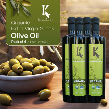 Kasandrinos Organic Olive Oil Extra Virgin, Polyphenol Rich Greek Olive Oil, 100% Organic First Cold Pressed, Mild + Delicate Flavor, Verified by Non GMO, 1 L / 33.8 oz (Pack of 4)
