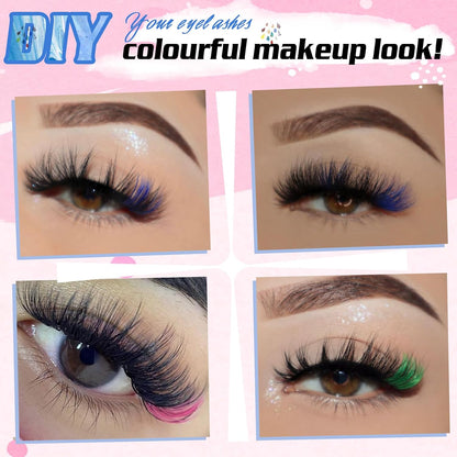 Eyelash Extension Kit Colored Lash Clusters Lash Extension Kit 6 Colors Rainbow Lash Clusters with Bond and Seal and Applicator Colorful Lash Extensions 14mm&16mm D Curl Lashes Cluster by Yaiseiko