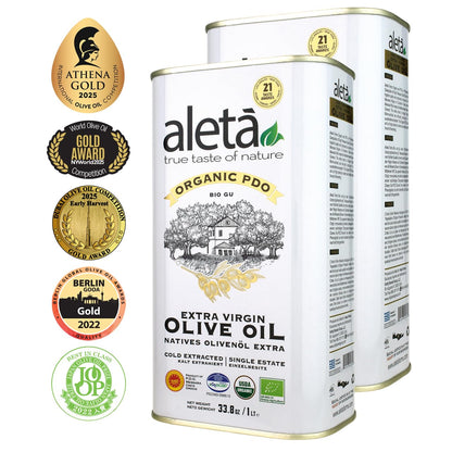 Aleta, Organic & PDO Extra Virgin Olive Oil, 2025 Gold Award, Certified Single Estate, Crete Greece, First-Cold Press, 1 Lt (33.8 oz.) Tin, Pack of 2