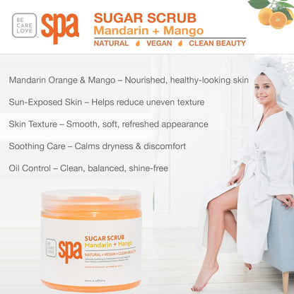 Be Care Love Spa Sugar Scrub Mandarin + Mango, natural, vegan and clean beauty 16 Oz Made in USA