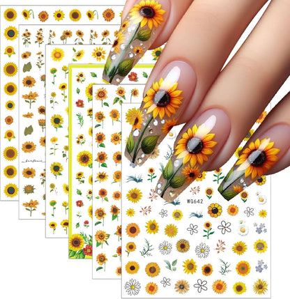 6 Sheets Spring Daisy Nail Art Stickers Sunflower Decals Yellow Daisy Design with Small Daisies White Floral Flowers Sunflowers Leaf for Women Manicure Decorations