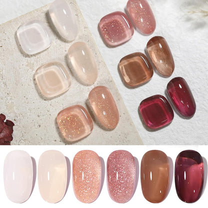 Born Pretty Jelly Gel Nail Polish Fall Winter Brown Nude Dark Wine Red Sheer Gel Nail Polish, Crystal Transparent Gel Polish Nail Art Manicure DIY Salon and Home 7ML 6PCS