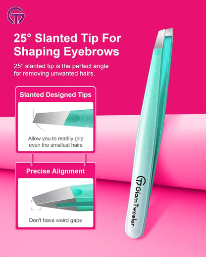 Expert Slant and Point Tip Tweezer Set with Exclusive Storage & Carrying Case, GlamTweeler Sharp & Precision Tweezer Set for Eyebrows, Facial Hairs & Fine Hairs Removal (Sparkle Mint Green + Silver)