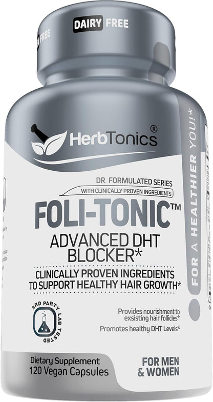 Hair Growth Vitamins for Women & Men | DHT Blocker with Saw Palmetto & 10000mcg Biotin, Foli Tonic Hair Growth Supplement – Supports Fuller, Thicker Hair Appearance, Non-GMO, 120 Vegan Capsules