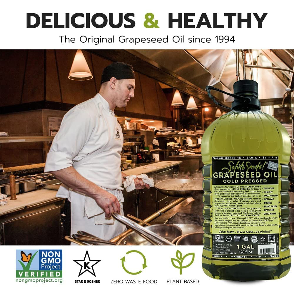 Cold Pressed Grapeseed Oil by Salute Sante! High Temperature Cooking, Healthy Grape Seed Oil, Non-GMO and Kosher for Salad Dressings, Marinades and Dips, Vegan, 1 Gallon, 2 Pack