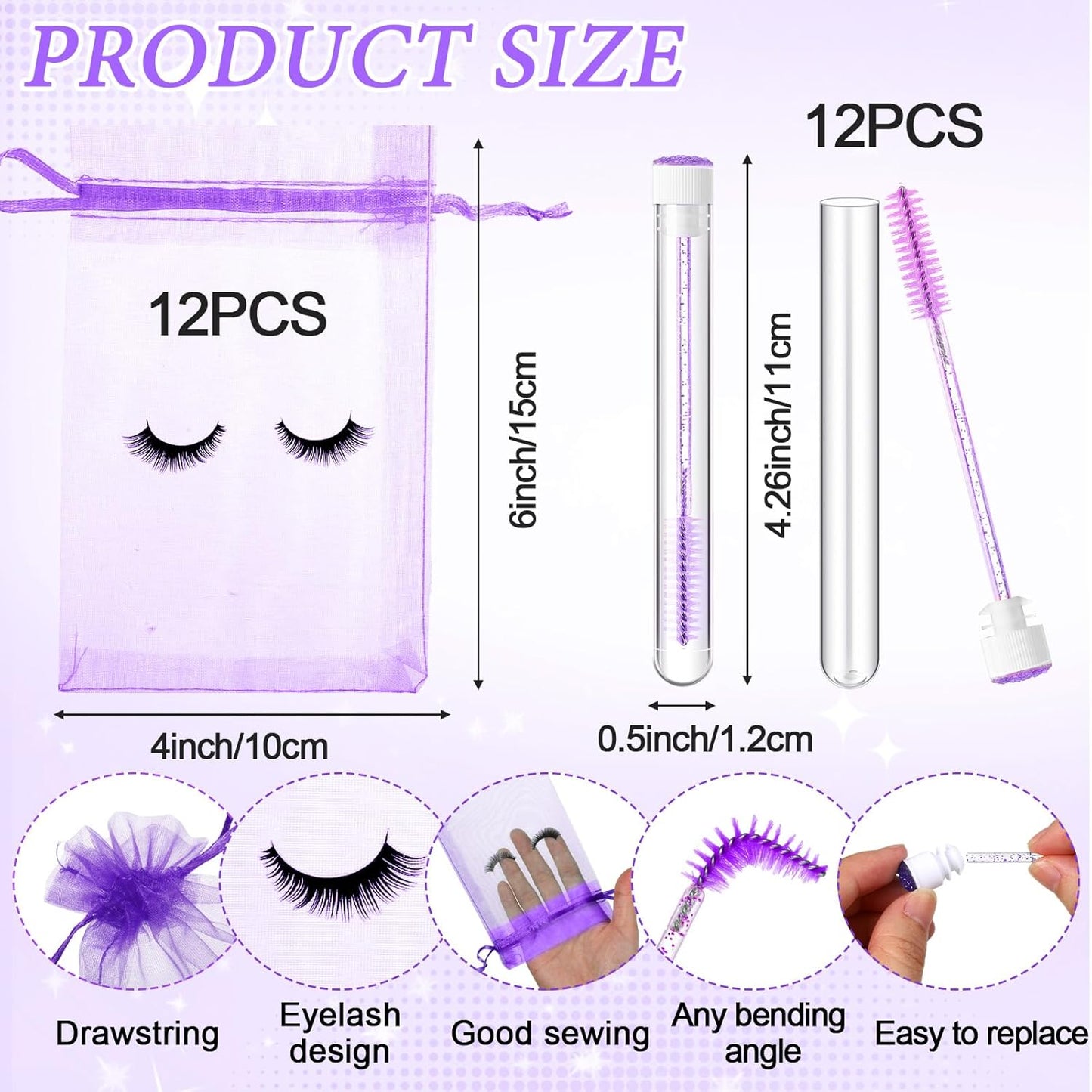 Zhehao 80 Pcs Lash Shampoo Bottle Brushes Kit 20 Foam Pump Dispensers 20 Lash Shampoo Brushes 20 Eyelash Aftercare Bag 20 Cleaning Pipes, Eyelash Extension Supplies(Purple)