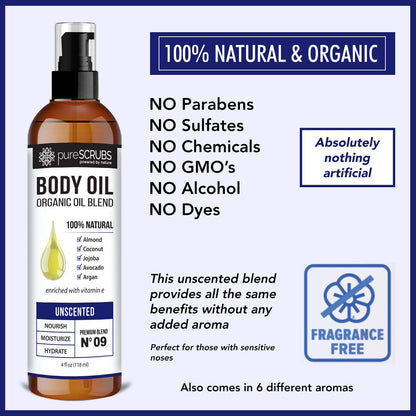 pureSCRUBS Ultra Moisturizing Unscented Body Oil Spray for Dry Skin, Massage, Stretch Marks, Organic Super Blend of Jojoba, Argan, Coconut, Sweet Almond & Avocado Oils Enriched with Vitamin E, Lg 4oz