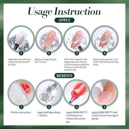 Born Pretty Cat Magnetic Gel Nail Polish, Retro Green Gel Polish Crystal Cat Holographic Magnetic Nail Polish Nail Art Manicure Salon DIY at Home 15ML