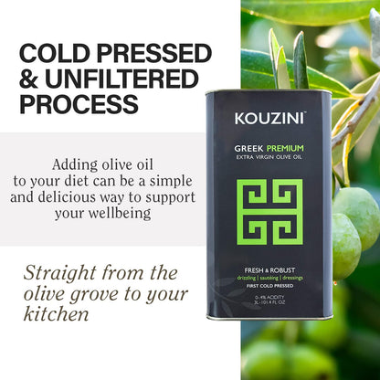 Kouzini Greek Premium Extra Virgin Olive Oil, 3 Liter Tin, Cold Pressed, Single Origin, Rich Flavor & Aroma