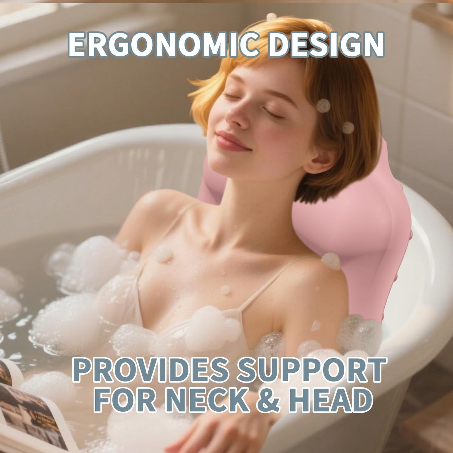 Silicone Bath Pillow for Tub – Ergonomic Bathtub Headrest with Inflatable Air Cushion, Non-Slip Suction Cups & Neck/Back Support – Comfortable Spa Bath Accessory for Relaxation (Pink)