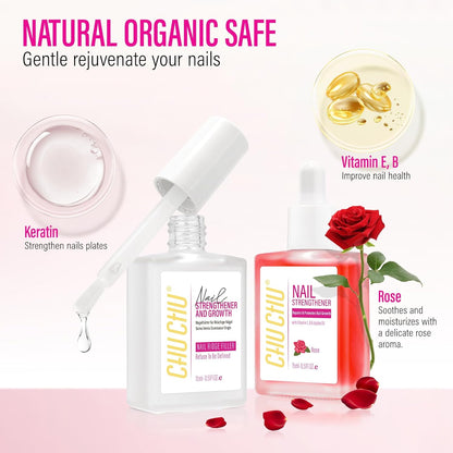 2 in 1 Nail Strengthener and Rose Cuticle Oil Set: Clear Nail Hardener Polish Extra Strong and Growth - Repair Brittle Damaged Dry Nail and Cuticle - for Women Beginner Home Salon Gift