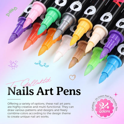 24 Colors Nail Art Pens Set, 3D Nail Polish Pens Quick-Drying Acrylic Paint Markers, Dotting Liner Brush for DIY Nail Design, Home & Salon Manicure Tools