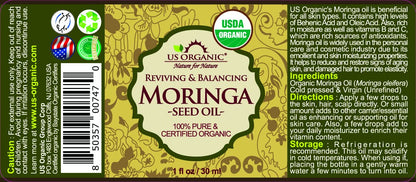 US Organic Moringa Oil, USDA Certified 100% Pure, Cold Pressed & Unrefined Non GMO, Vegan Oil, Natural Moisturizer for Skin, Face, Body, Hair, Good for Hair Growth, Fine Lines, Wrinkles (1 oz (30 ml))