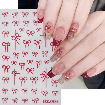 4 Sheets Bow Nail Stickers, 5D Embossed White Black Red, DIY Acrylic Nails, Bow Nail Supplies for Women