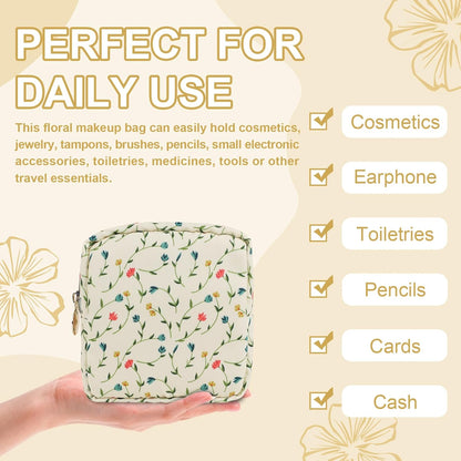 Waterproof Mini Floral Makeup Bag Pouch for Purse,Nylon Flower Cosmetic Bag Small Preppy Toiletry Organizers Bag for Women Girl,Cute Zipper Pouch Coin Purse for Work(Mini Light Yellow-Flowers)