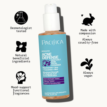 Pacifica Acne Defense Face Wash - Deep Pore Purifying Face Cleanser - w/ 2% Salicylic Acid, Pore Reducing Niacinamide & Inflammation Reducing Cucumber - for Sensitive Skin Vegan Dermatologist Tested