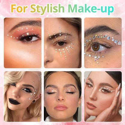 1.5-6mm Round Flatback Face Gems Kit (Clear) for Makeup with Quick Dry Glue + Brush + Tweezer, Nail Art Rhinestones Transparent White Glass Crystal Beads for Make-up Deco