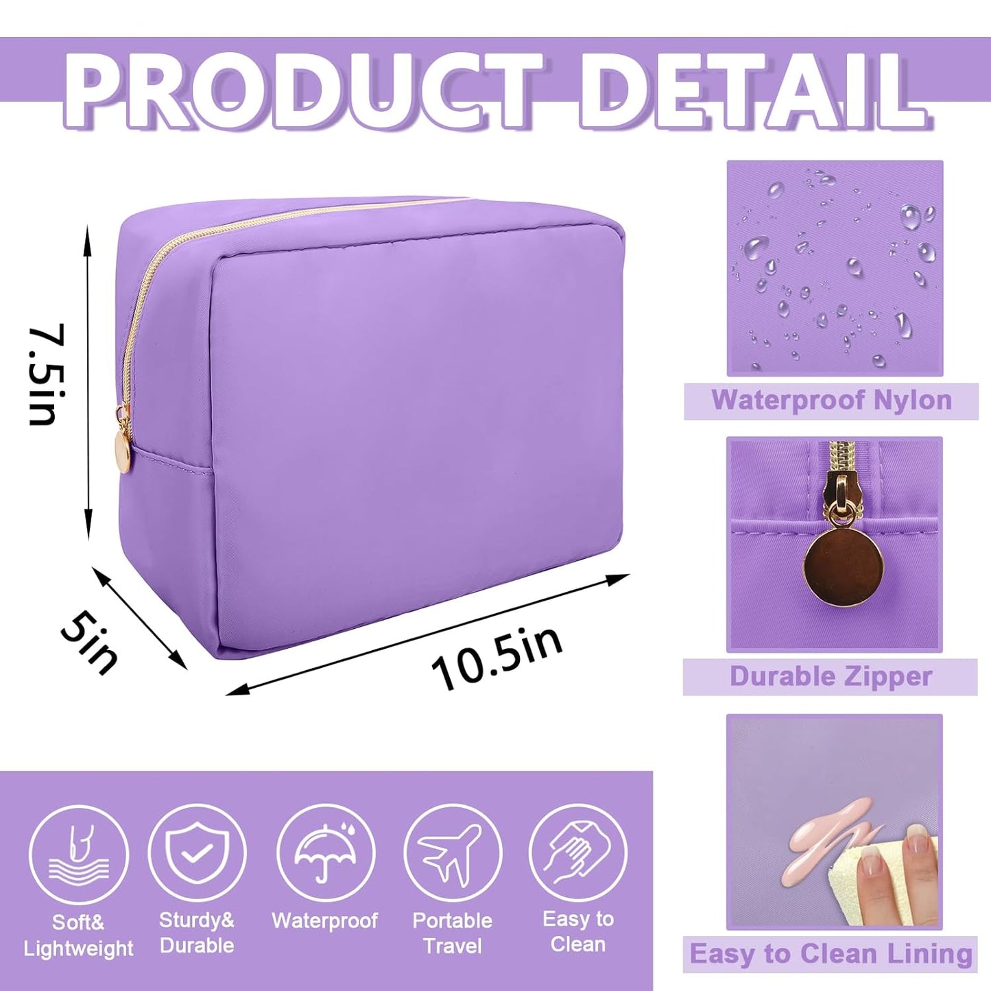 Large Makeup Bag Pouch,Nylon Women Travel Toiletry Storage Bag Preppy Cosmetic Bag for Girls,Big Makeup Organizer Bag Cute Zipper Pouch Skincare Bag for Sport Work Gift(Large-Purple)