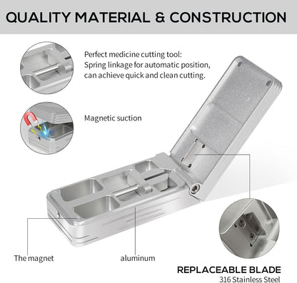 Pill Cutter for Small and Tiny Pills, Professional Aluminum Pill Splitter with Auto Centering Device and 2 Replaceable Stainless Steel Blades, Portable Pill Splitter with PU Case (Silver)